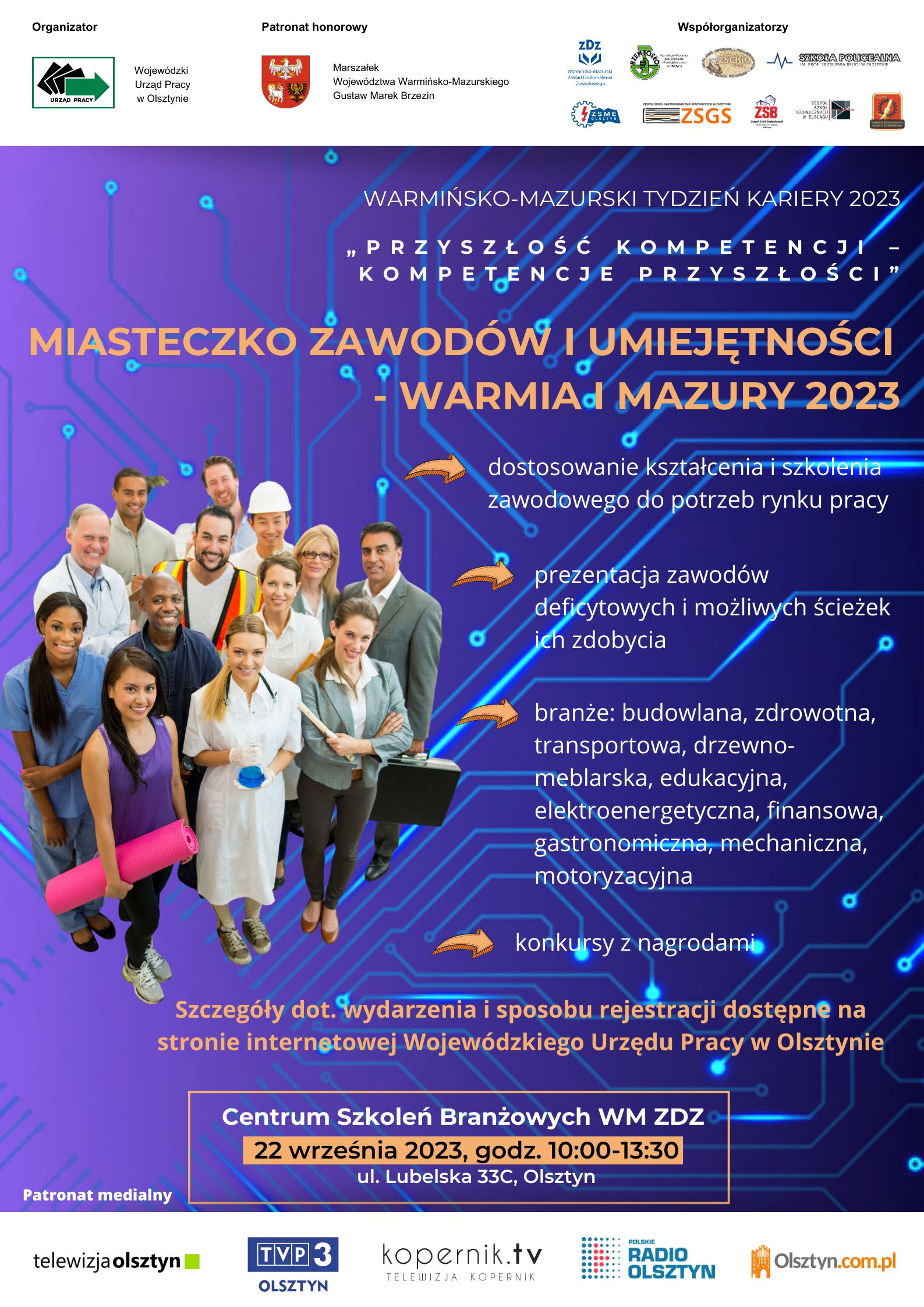 Plakat wydarzenia Miasteczko zawodów i umiejętności- Warmia i Mazury 2023